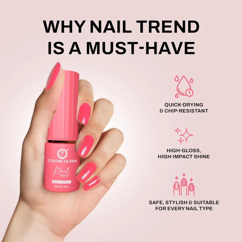 Colors Queen Nail Trend Glossy Nail Polish | Chip Resisting & Quick Drying Nail Paint with High Shine | 7 Toxin Free Formula | Vegan & Cruelty Free | Long Lasting & Vibrant Nail Paint for Women ( Pubble Gum Burs, 13ml) thumbnail 4
